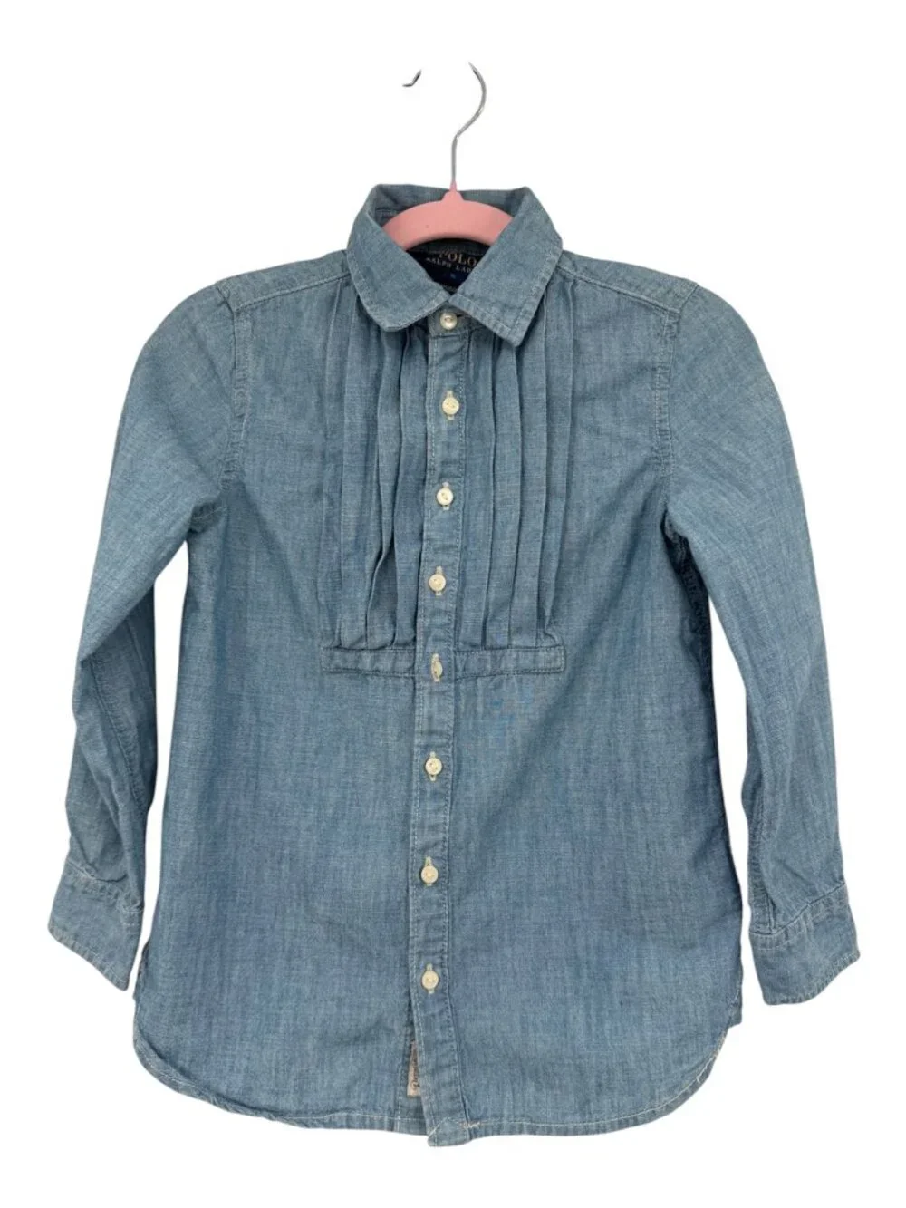Polo Ralph Lauren Girls Size 5 Chambray Pleated Tuxedo Button Down Shirt